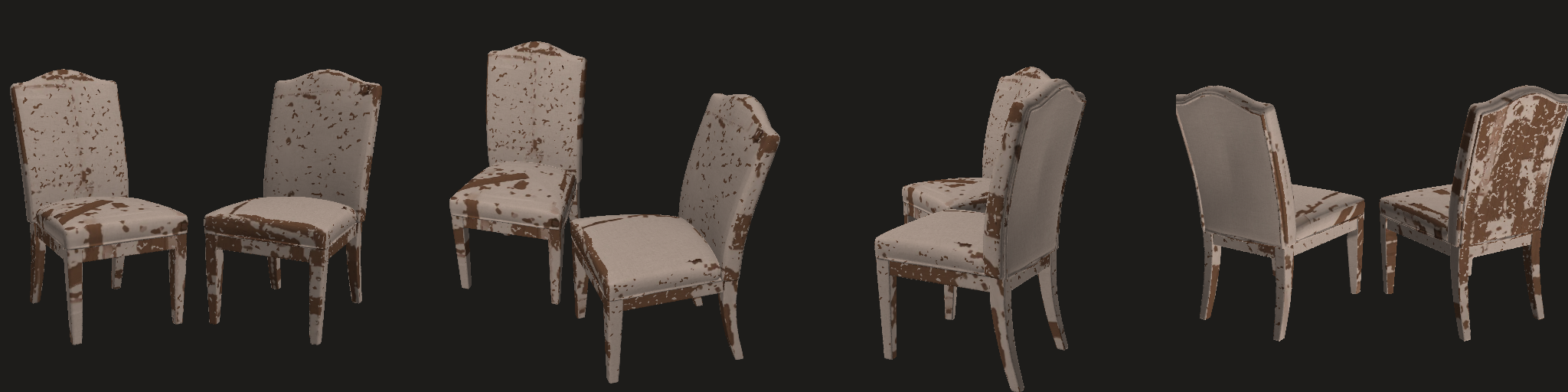 rematerial-same-image: four views (texture lookups mirrored in v in this session's strips; use the rotatable model for materials)