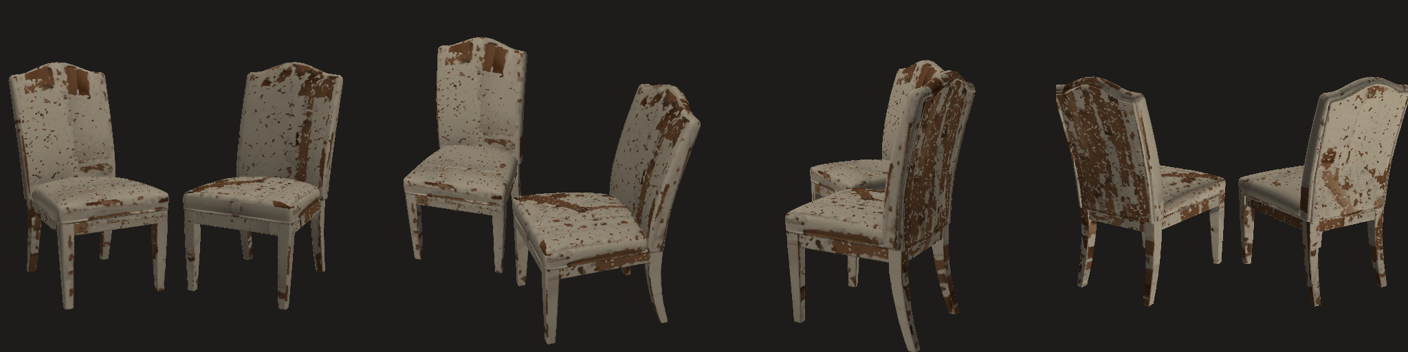 repeat: four views (texture lookups mirrored in v in this session's strips; use the rotatable model for materials)
