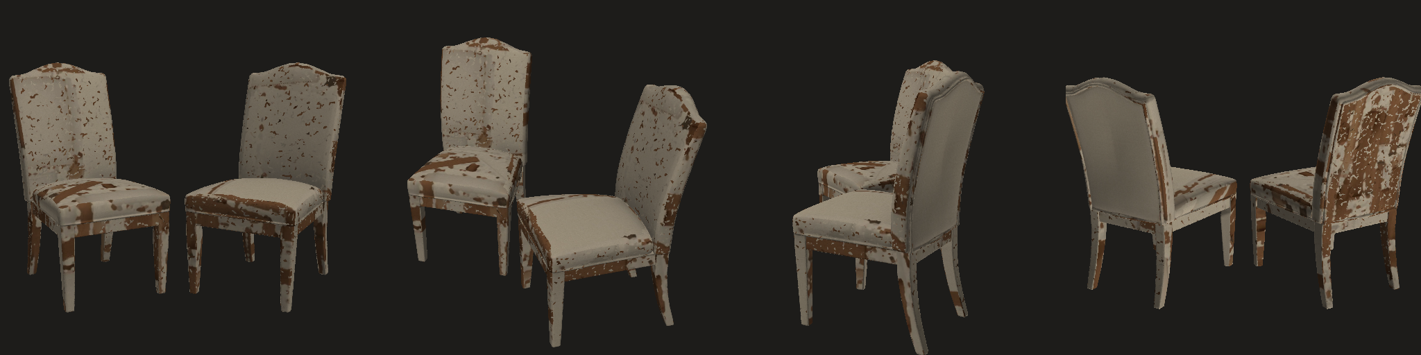 Four views (front, three-quarter, side, back) — this session's strips sample the texture with v mirrored (read-back bug, fixed for the next build): judge colour and materials on the rotatable model and the preview, geometry on the strip