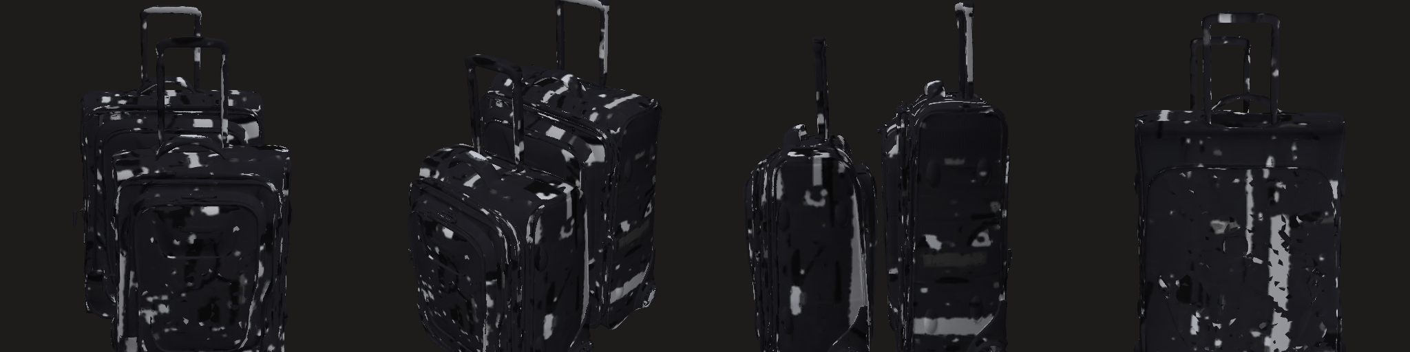 Four views (front, three-quarter, side, back) — this session's strips sample the texture with v mirrored (read-back bug, fixed for the next build): judge colour and materials on the rotatable model and the preview, geometry on the strip