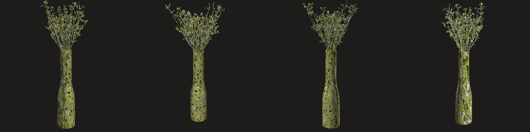 Four views (front, three-quarter, side, back) — this session's strips sample the texture with v mirrored (read-back bug, fixed for the next build): judge colour and materials on the rotatable model and the preview, geometry on the strip