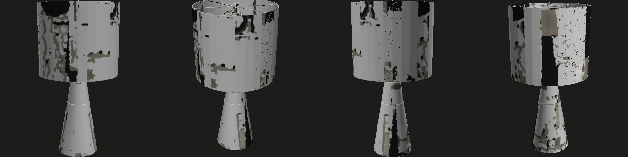 Four views (front, three-quarter, side, back) — this session's strips sample the texture with v mirrored (read-back bug, fixed for the next build): judge colour and materials on the rotatable model and the preview, geometry on the strip