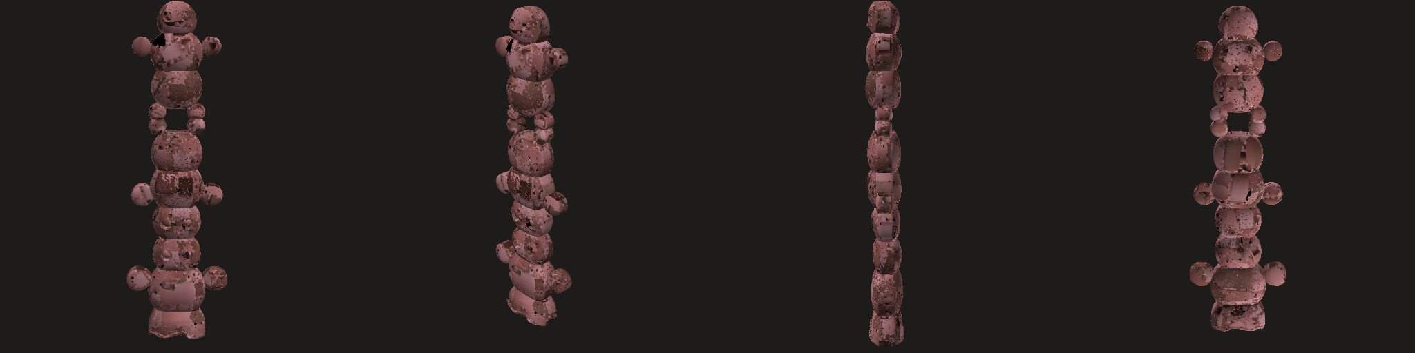 Four views (front, three-quarter, side, back) — this session's strips sample the texture with v mirrored (read-back bug, fixed for the next build): judge colour and materials on the rotatable model and the preview, geometry on the strip