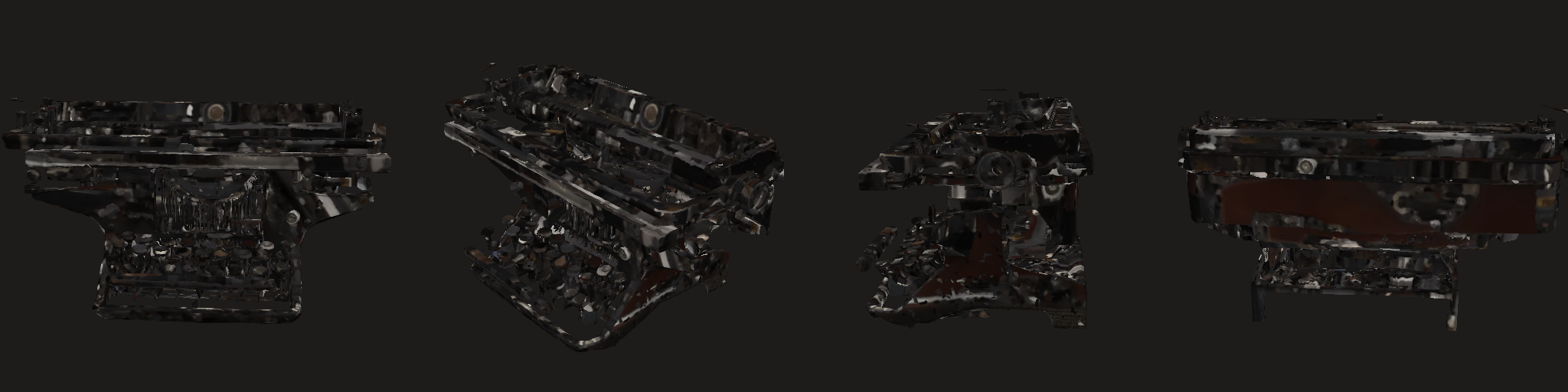 Four views (front, three-quarter, side, back) — this session's strips sample the texture with v mirrored (read-back bug, fixed for the next build): judge colour and materials on the rotatable model and the preview, geometry on the strip