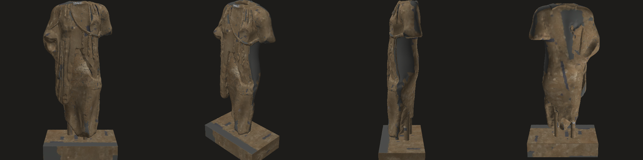 Four views (front, three-quarter, side, back) — this session's strips sample the texture with v mirrored (read-back bug, fixed for the next build): judge colour and materials on the rotatable model and the preview, geometry on the strip