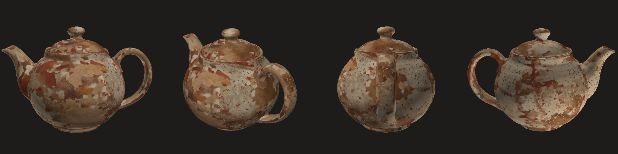 generate: four views (texture lookups mirrored in v in this session's strips; use the rotatable model for materials)