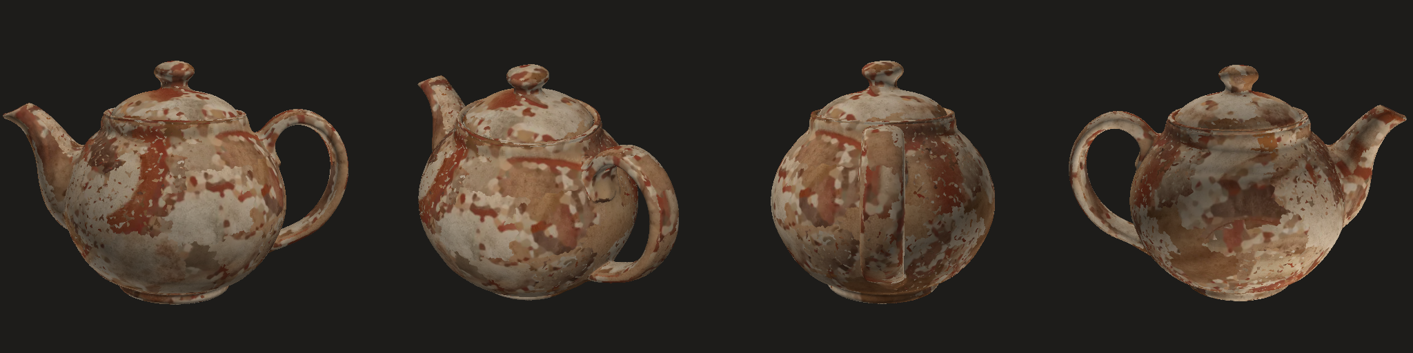 reexport-same: four views (texture lookups mirrored in v in this session's strips; use the rotatable model for materials)