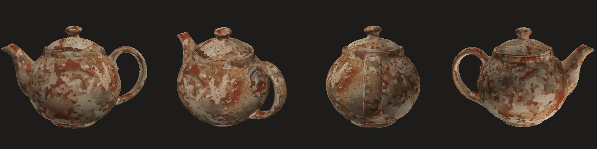 repeat: four views (texture lookups mirrored in v in this session's strips; use the rotatable model for materials)